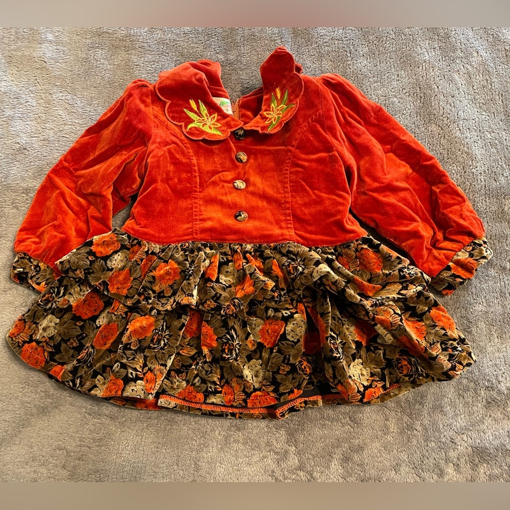 Little Girls Burnt Orange Vintage Style Floral Ruffled Dress